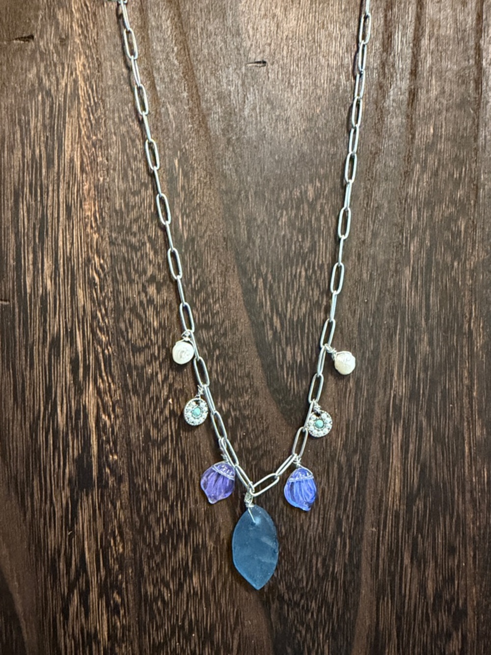 Silver Chain Necklace with Blue and Purple Leaf Charms